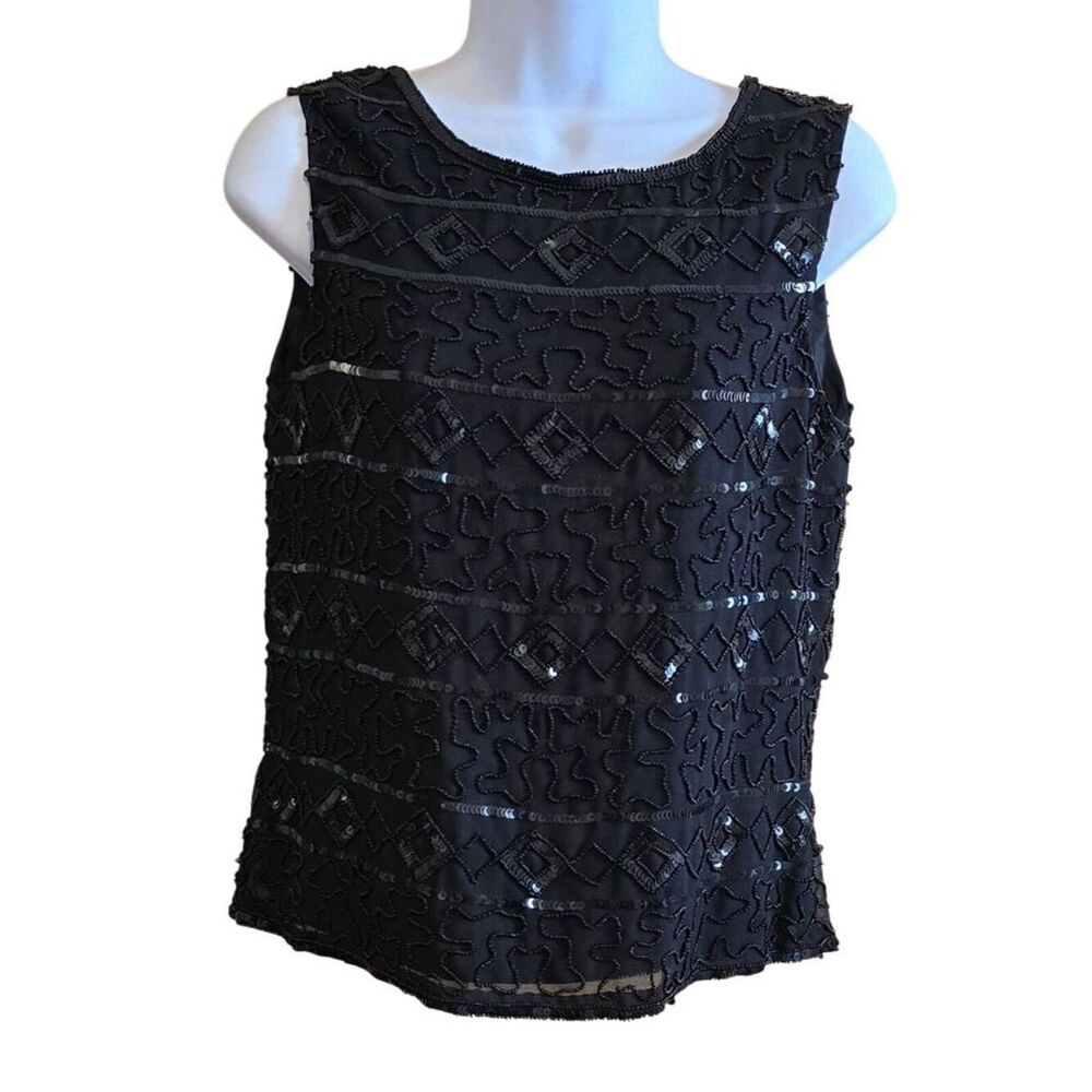 Jennifer Moore Black Beaded Sleeveless Top Sequin Glam bling elegant